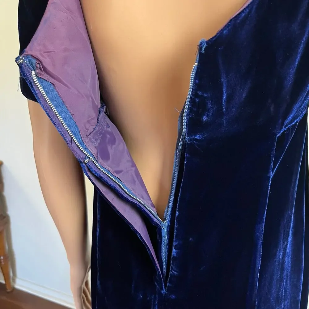 Vintage‎ 60s Blue Velvet Empire Waist Maxi Dress // Size XS - Picture 6 of 8